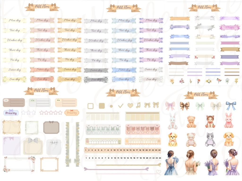 Petit Fleur – くすみパステル デジタル手帳ステッカー 135点|週間リボンセット(GoodNotes対応)