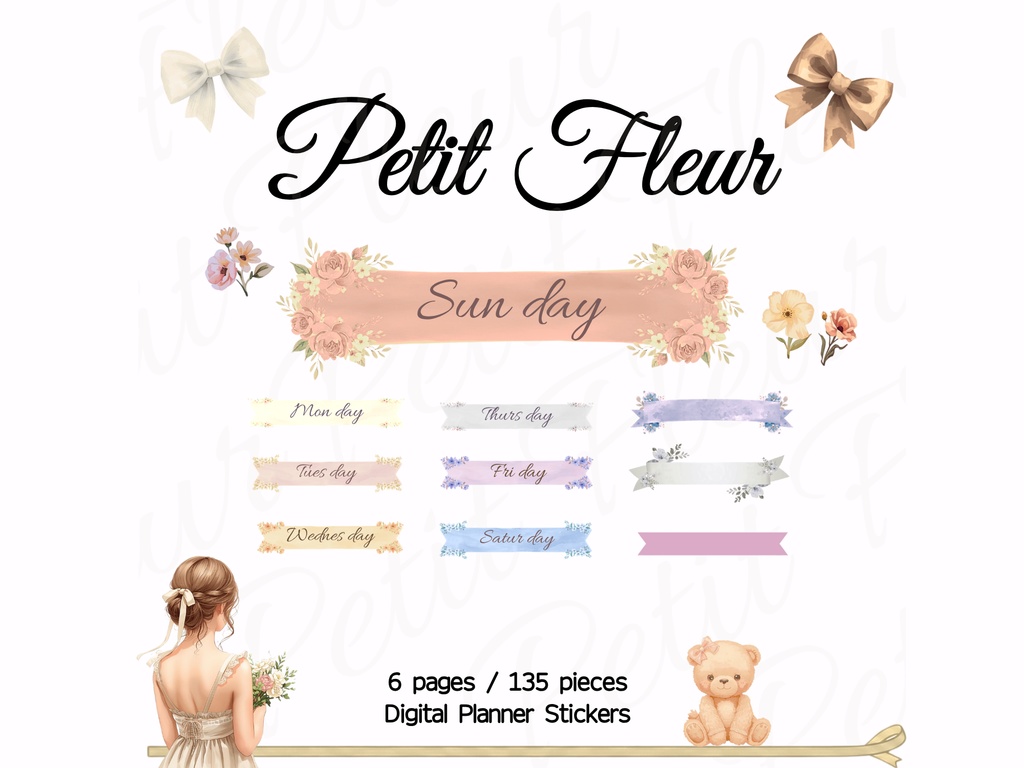 Petit Fleur – くすみパステル デジタル手帳ステッカー 135点｜週間リボンセット（GoodNotes対応）