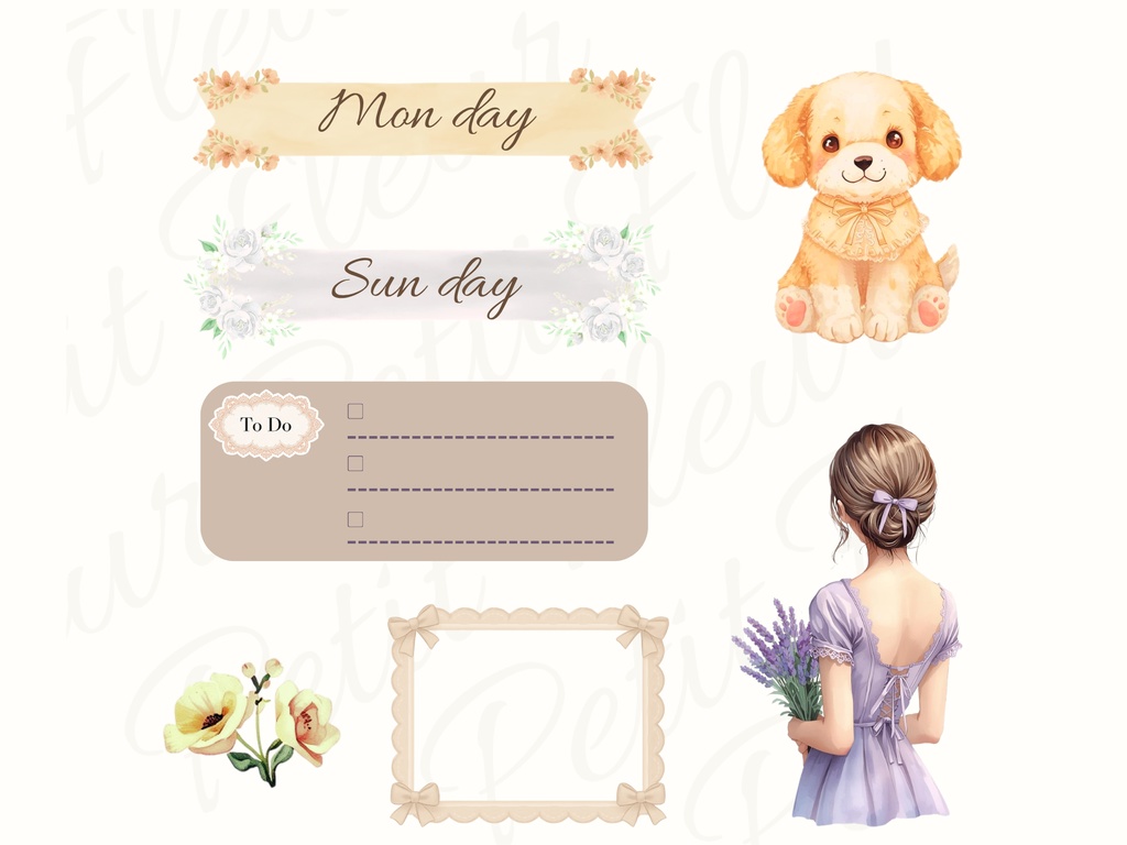 Petit Fleur – くすみパステル デジタル手帳ステッカー 135点|週間リボンセット(GoodNotes対応)