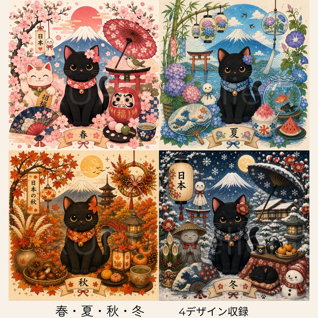 黒猫と日本の四季|デジタルポスター4枚セット【春・夏・秋・冬】
