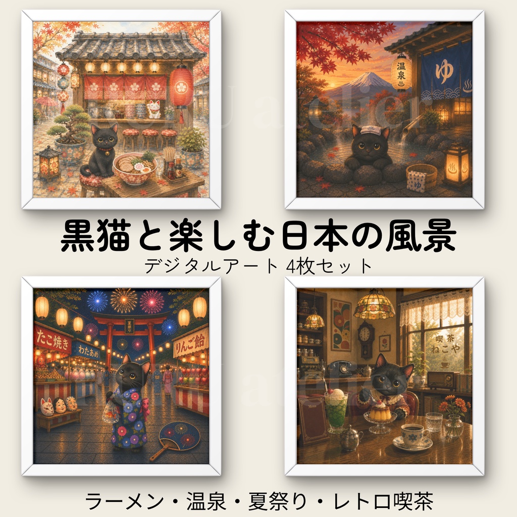 黒猫と楽しむ日本の風景｜デジタルアート4枚セット