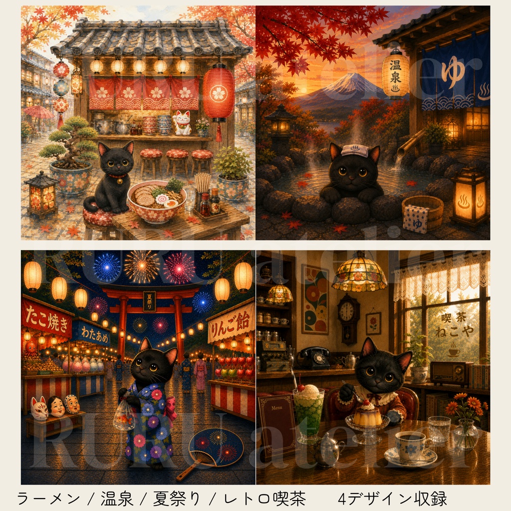 黒猫と楽しむ日本の風景|デジタルアート4枚セット
