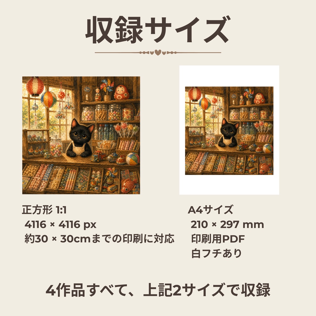 黒猫と楽しむ昭和レトロなお店|デジタルアート4枚セット