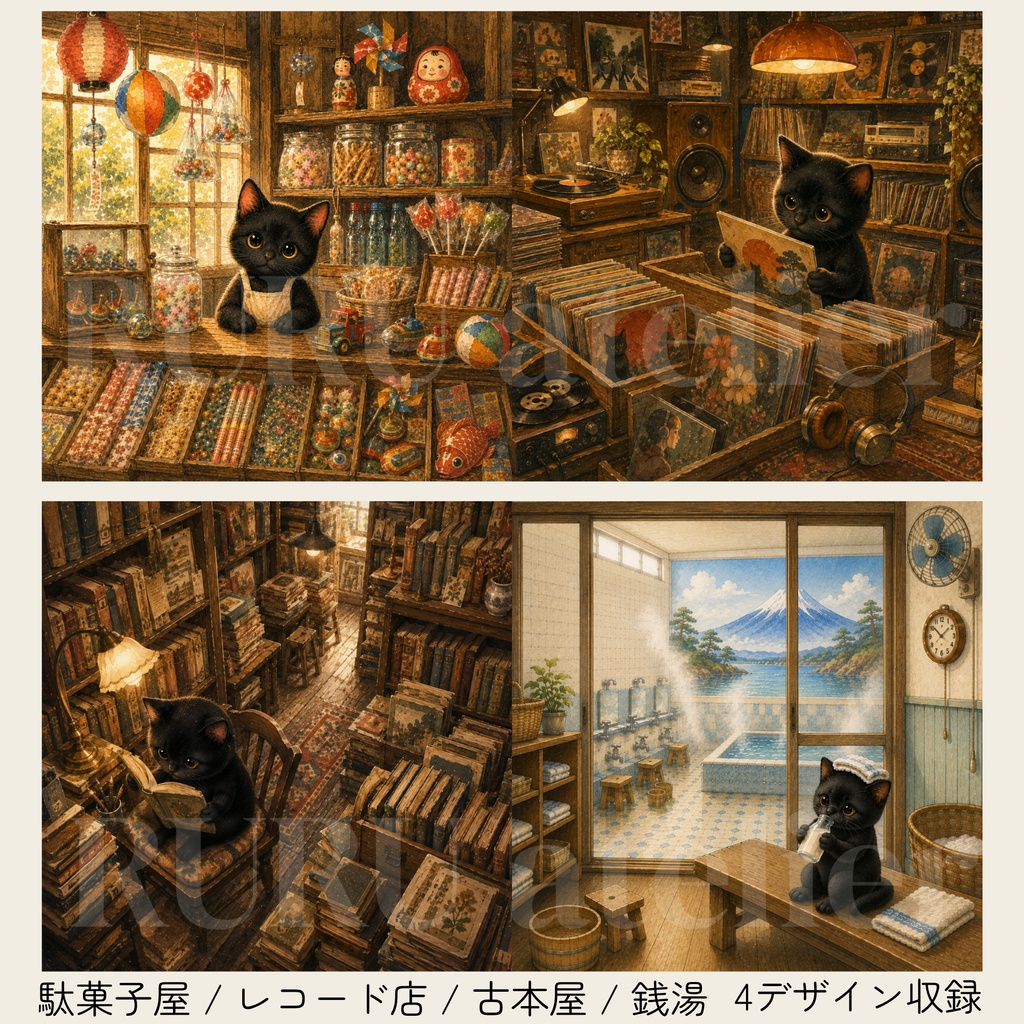 黒猫と楽しむ昭和レトロなお店|デジタルアート4枚セット