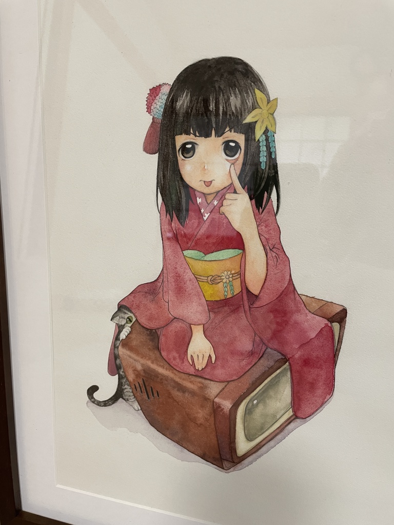 「アメショ猫と着物少女と昭和テレビ」(原画)アナログ