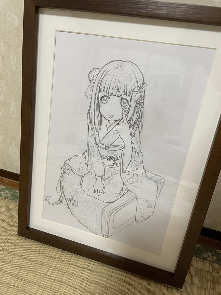 「アメショ猫と着物少女と昭和テレビ」(原画)アナログ