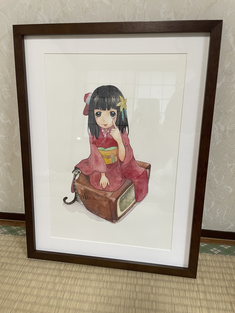 「アメショ猫と着物少女と昭和テレビ」(原画)アナログ