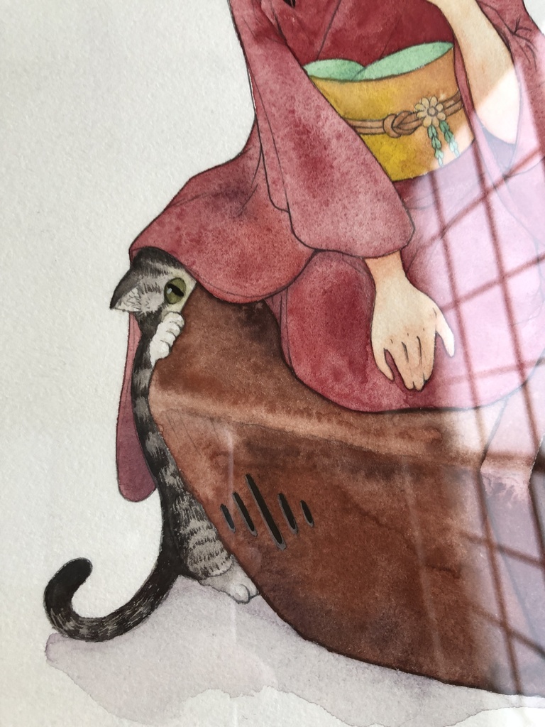 「アメショ猫と着物少女と昭和テレビ」(原画)アナログ