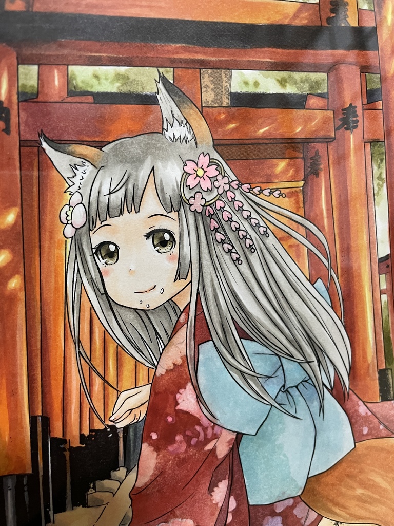 原画「千本鳥居といなり寿司を食べてる狐娘」 透明水彩+コピック