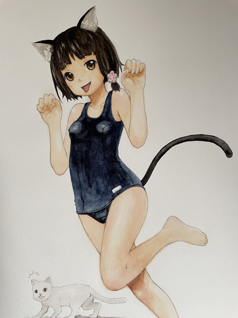 日本画　原画　「白猫とスク水猫娘ちゃん」　アナログ　