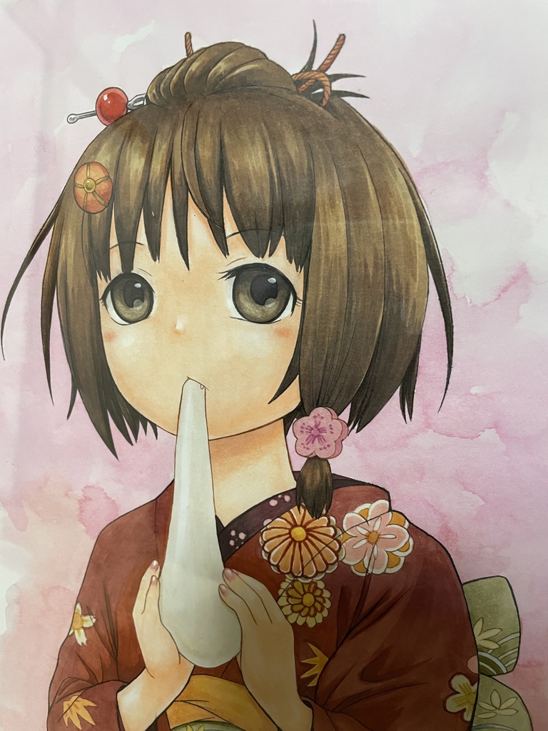 原画 「お正月に餅を食べる着物少女」