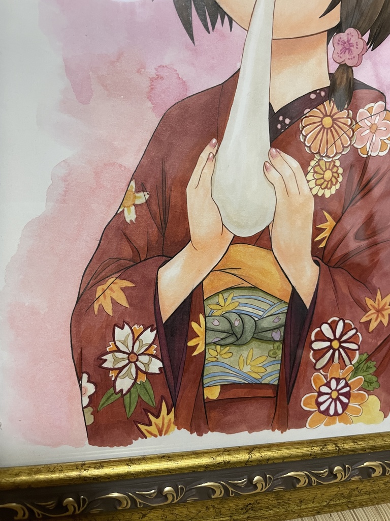 原画 「お正月に餅を食べる着物少女」