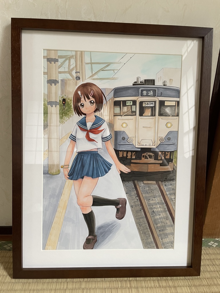 【完売御礼】原画　「昭和レトロ電車とセーラー服少女」