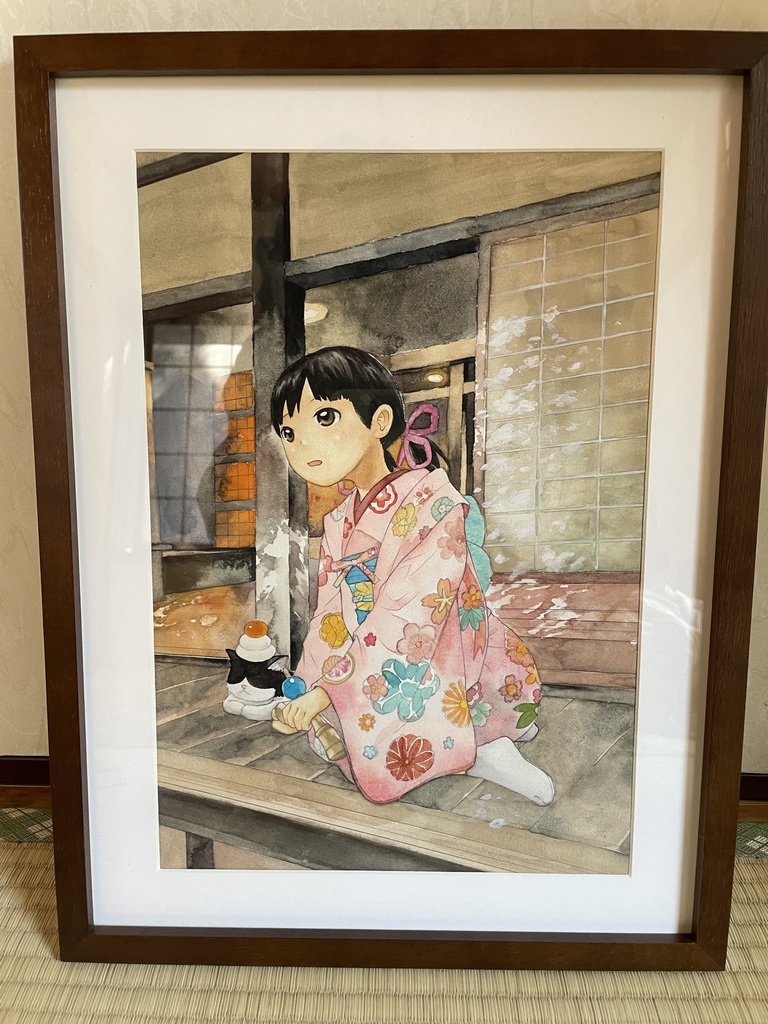 【完売御礼】原画　「お正月の猫と少女と縁側」　日本画