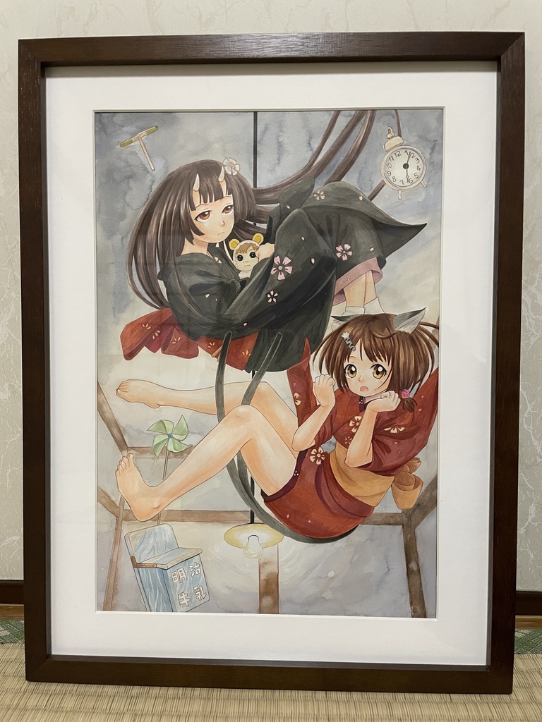 【完売御礼】原画　「昭和の部屋と妖怪娘たち」　水彩＋コピック