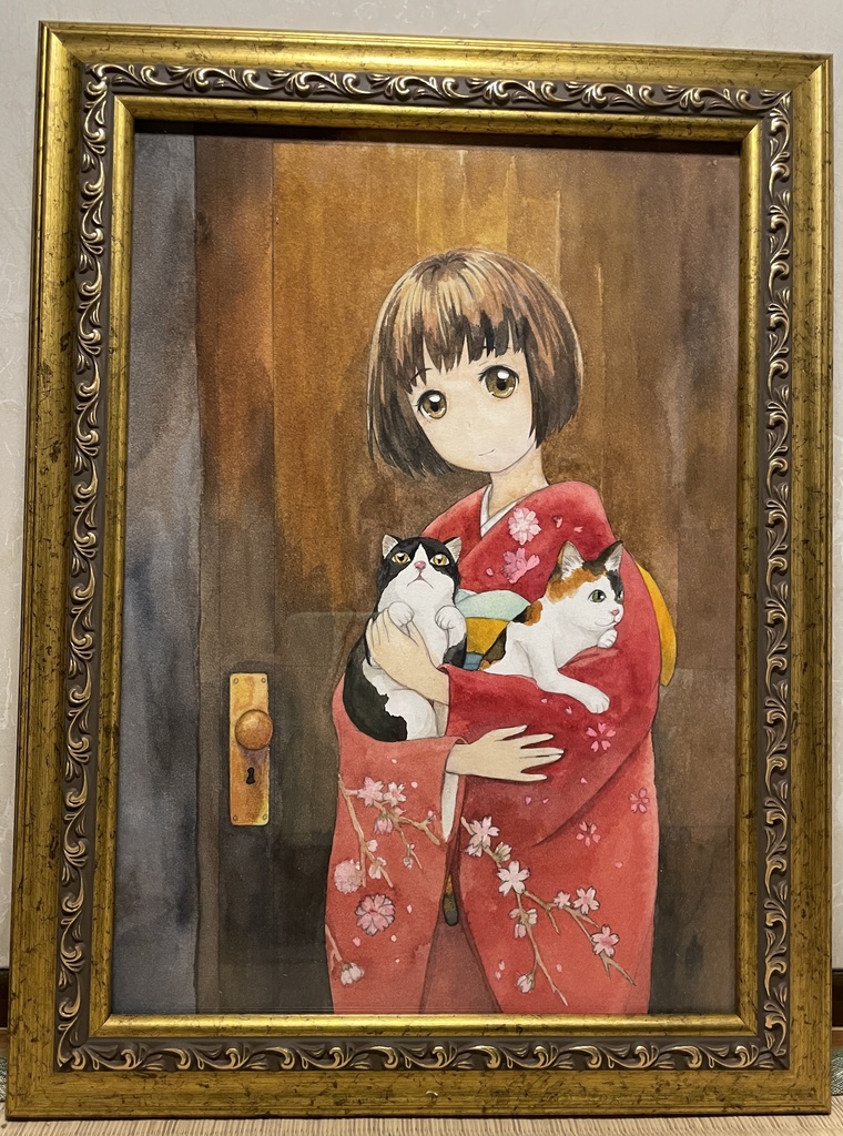 【完売御礼】原画「大正浪漫のお嬢様と猫猫」　透明水彩　アナログ