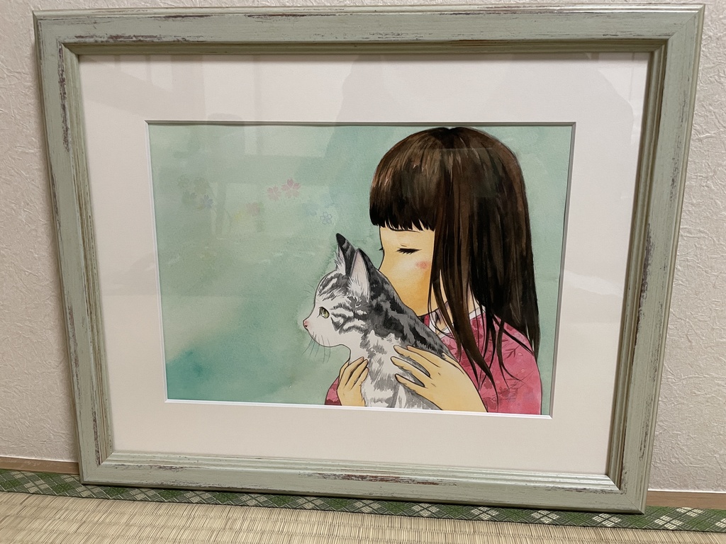 【完売御礼】原画「ネコを嗅ぐと落ち着くお嬢様」　水彩画　F4サイズ