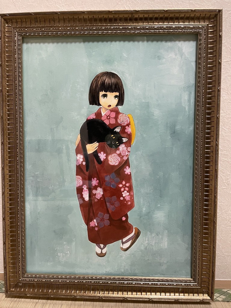 原画「大黒猫を抱く大正の小柄のお嬢様」　水彩画　B4[Japanese girl holding a large black cat]