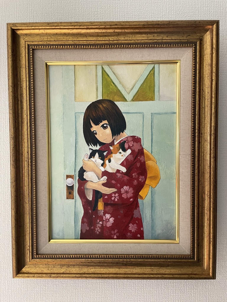 メルカリ絵画　絵 額付( 青緑＋金色の枠) 油絵F4-090818　子猫犬女の子豪華