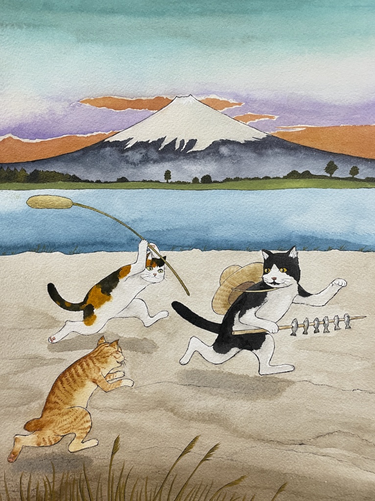 【完売御礼】原画「猫猫戯画〜富士山の下に遊びにゃん」水彩画　約B4