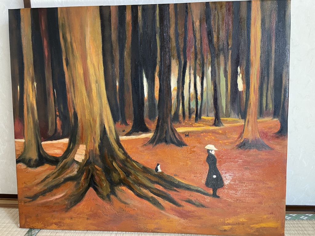 原画「森の中の少女と猫たち」 油絵 F20