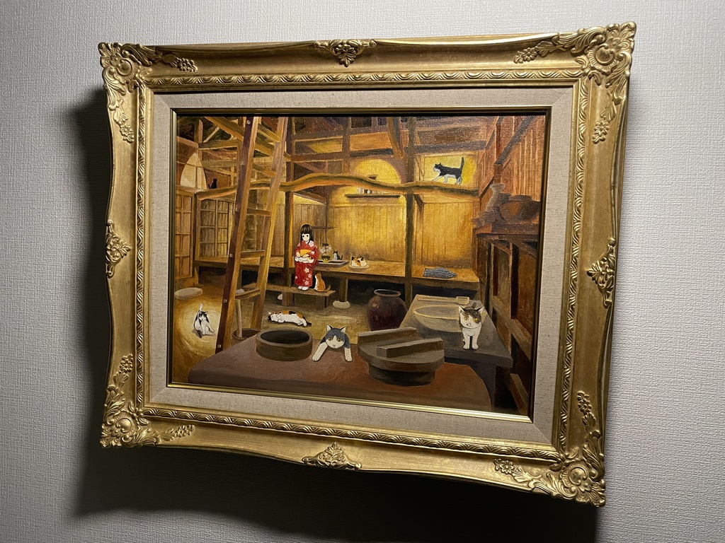 【完売御礼】原画「真夜中の農家の娘と猫とち」油絵　F6サイズ