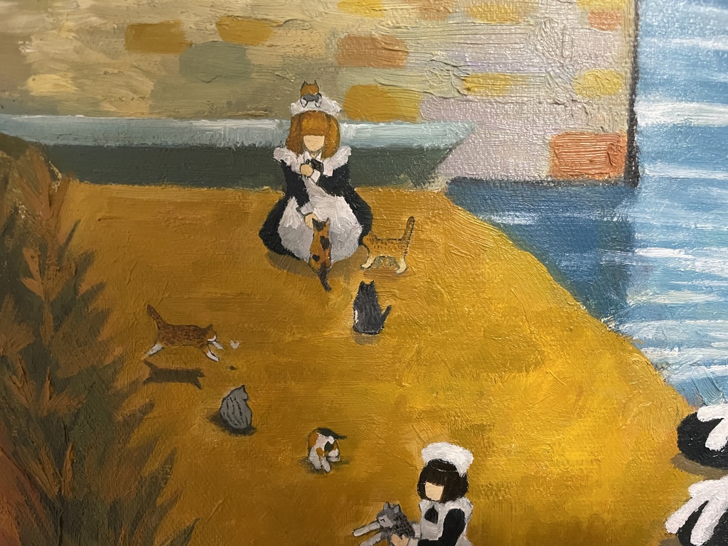 原画「アルルの跳ね橋の家政婦と猫たち」油絵 F20