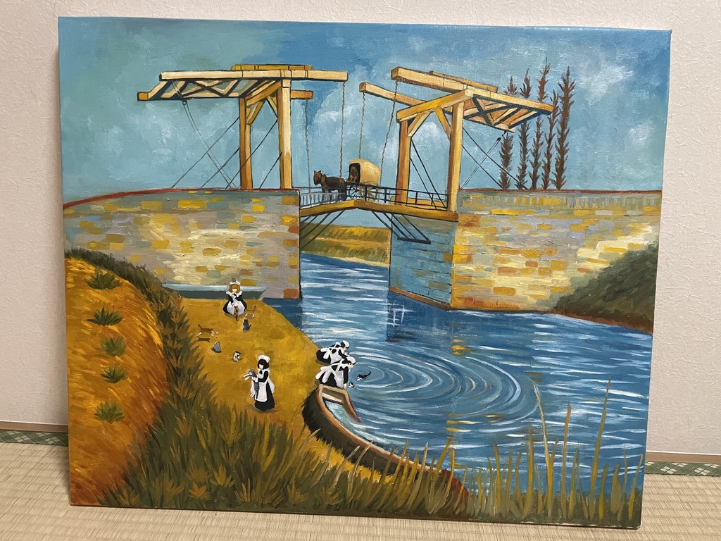 原画「アルルの跳ね橋の家政婦と猫たち」油絵　F20