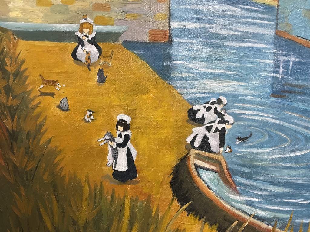 原画「アルルの跳ね橋の家政婦と猫たち」油絵 F20