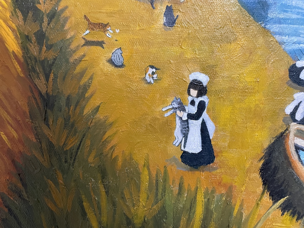 原画「アルルの跳ね橋の家政婦と猫たち」油絵 F20