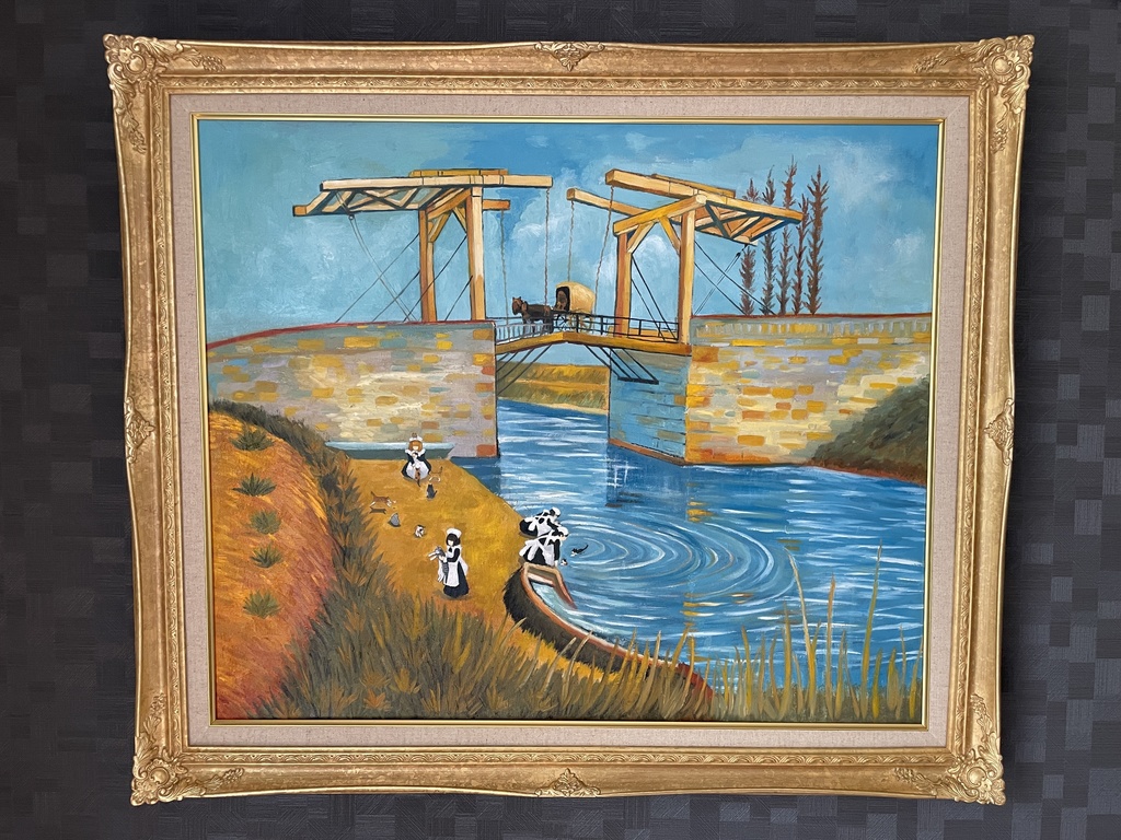 原画「アルルの跳ね橋の家政婦と猫たち」油絵 F20