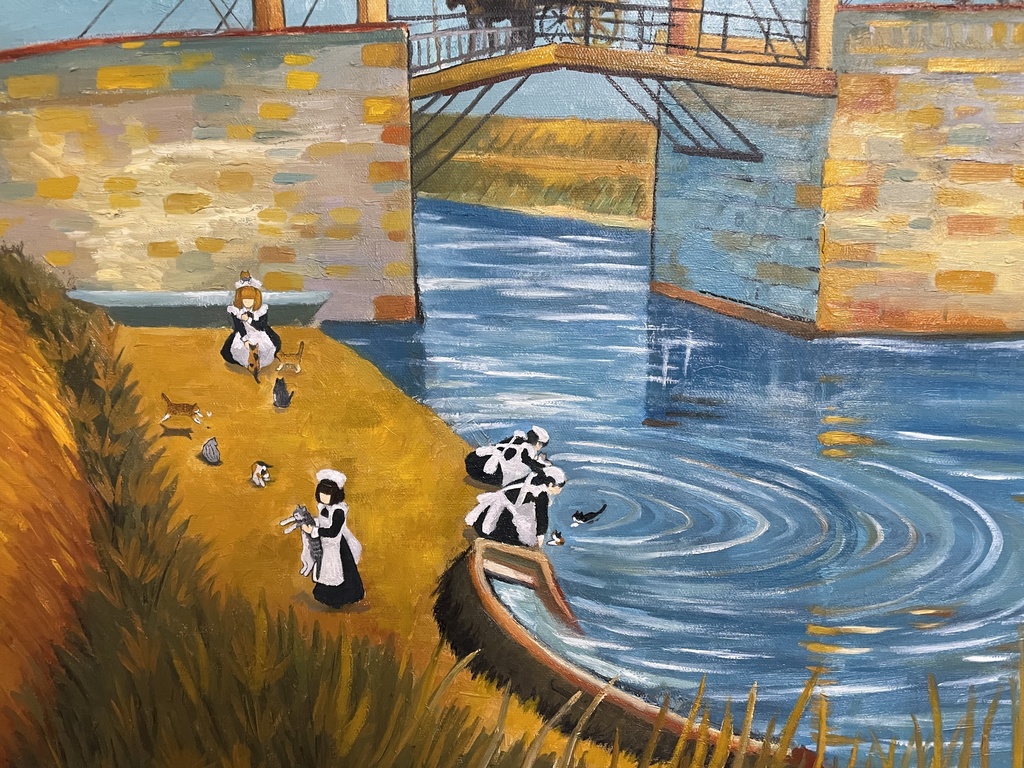 原画「アルルの跳ね橋の家政婦と猫たち」油絵 F20