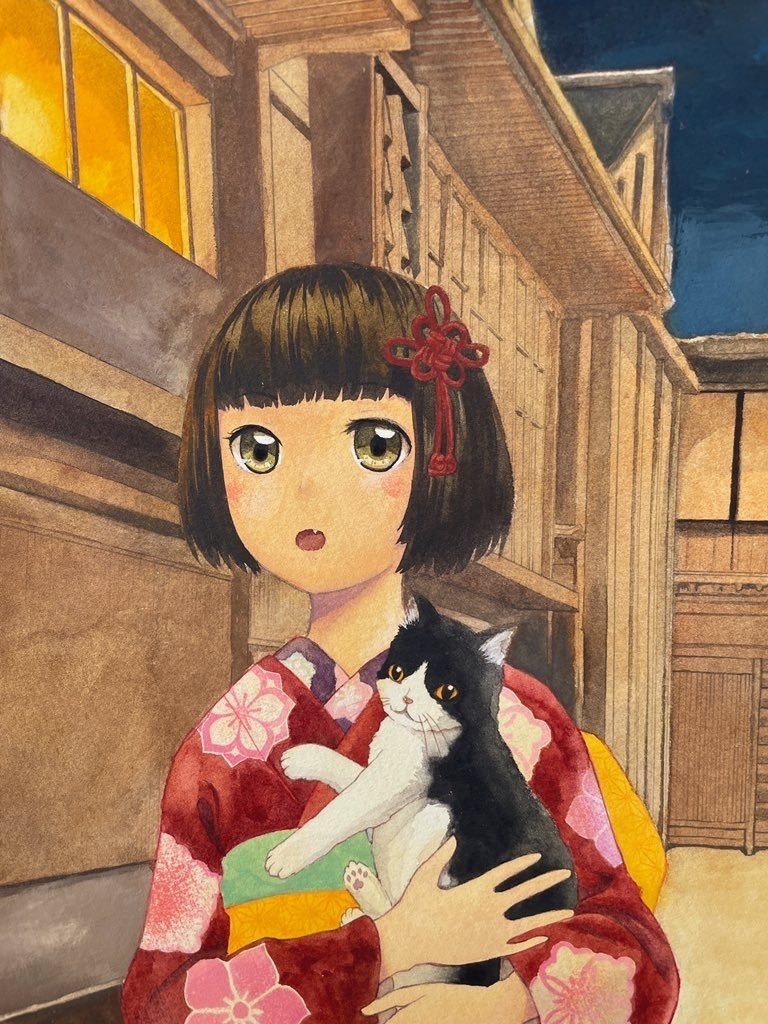 原画「江戸の町に真夜中のお散歩〜猫を抱くお嬢様」 水彩画 F6