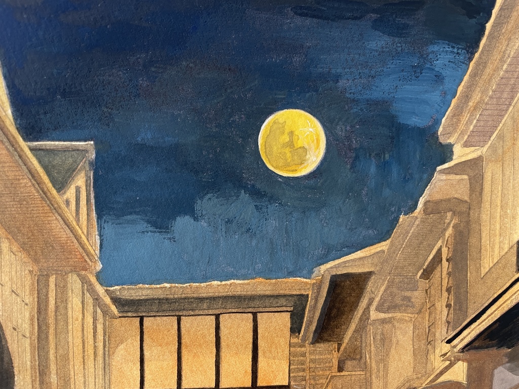 原画「江戸の町に真夜中のお散歩〜猫を抱くお嬢様」 水彩画 F6