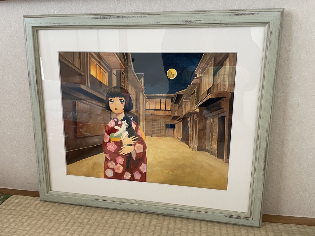 原画「江戸の町に真夜中のお散歩〜猫を抱くお嬢様」 水彩画 F6