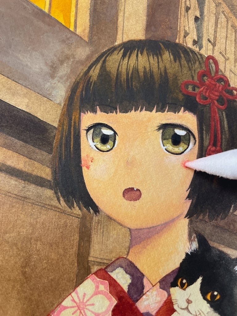 原画「江戸の町に真夜中のお散歩〜猫を抱くお嬢様」 水彩画 F6