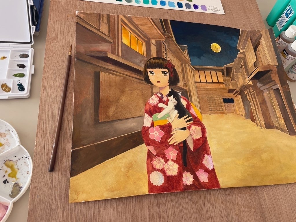 原画「江戸の町に真夜中のお散歩〜猫を抱くお嬢様」 水彩画 F6