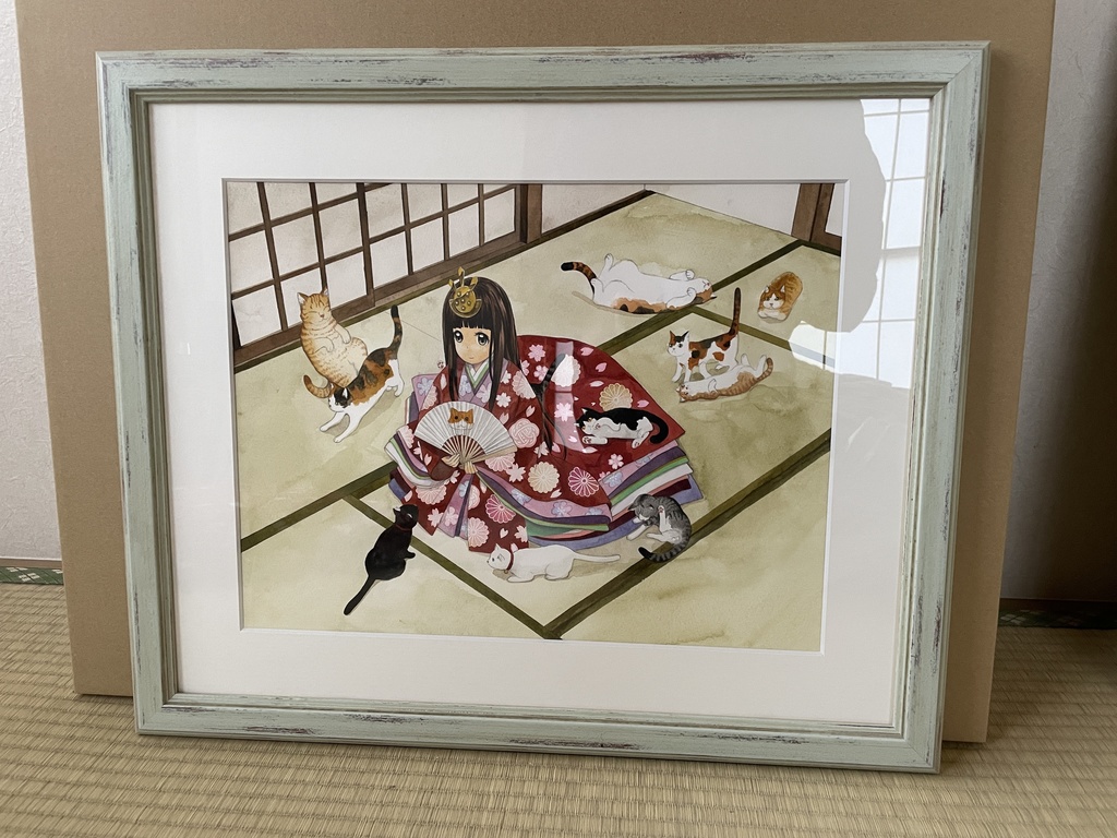 原画「十二単衣の姫様と猫たち」水彩画　F6[Japanese Princess in twelve-layered robes and cats]