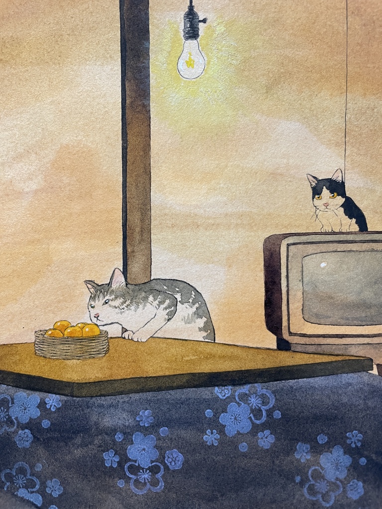 原画「猫だらけの昭和のおばあちゃんの家」水彩画 B4[A Showa-era