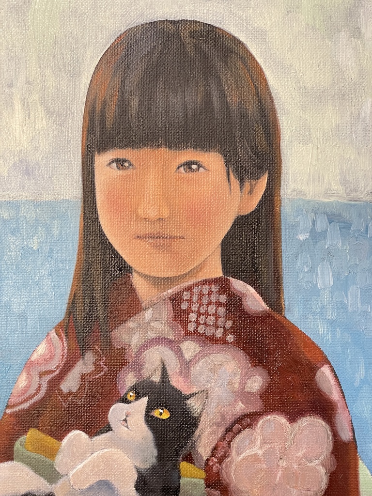 原画「海を見える部屋の猫を抱く少女」　油彩　F8