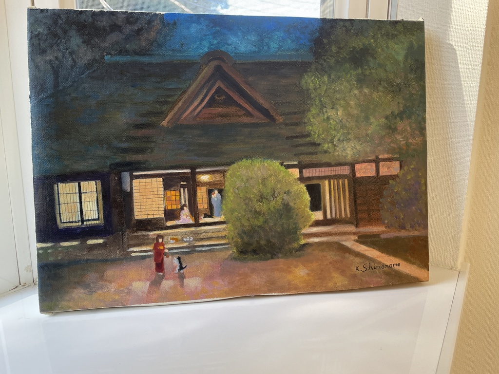 原画「明治の農家の３姉妹と猫たち」　油彩　A3ボード