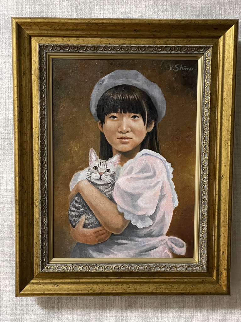 ネコみかん 油絵 原画 手描き 額付き ミニ絵画 - 美術品