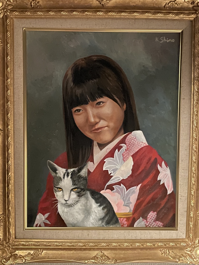 原画「着物のお嬢様とサバトラ猫」油彩 [Kimono girl with a mackerel cat]