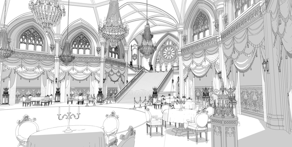 ゴシック城 宴会場|3D背景(SketchUp)