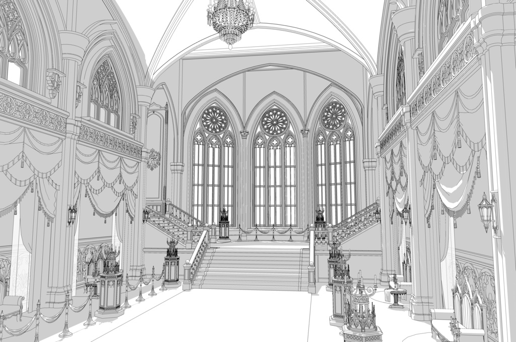 ゴシック城 宴会場|3D背景(SketchUp)