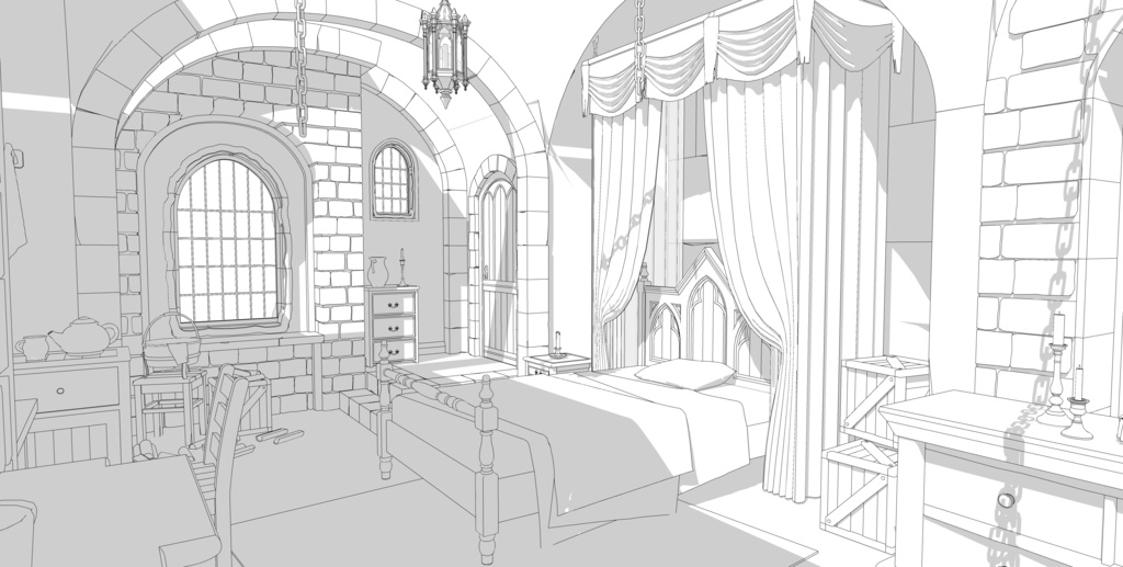 ゴシック城 幽閉された寝室|漫画背景・3D素材(SketchUp)