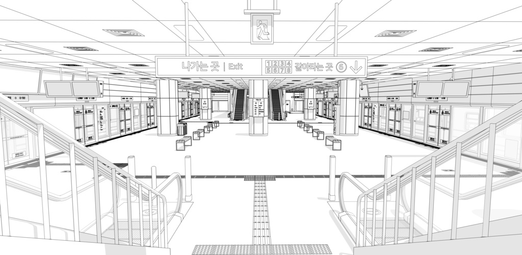 韓国 地下鉄2号線 ホーム&列車セット|漫画背景・3D素材(SketchUp)