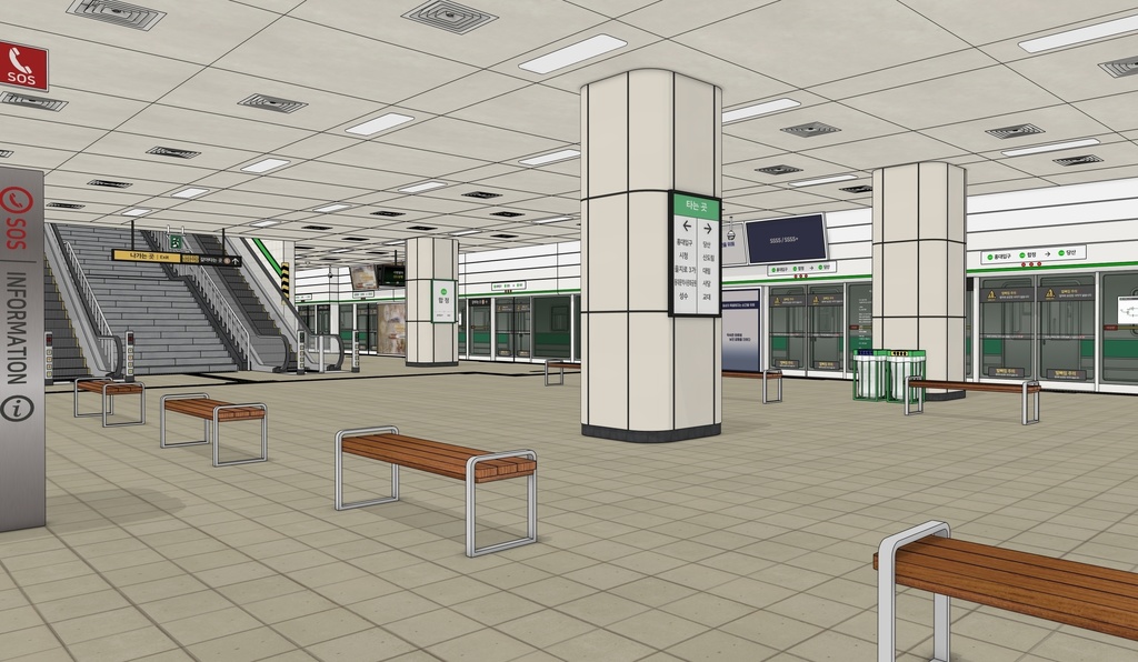 韓国 地下鉄2号線 ホーム&列車セット|漫画背景・3D素材(SketchUp)
