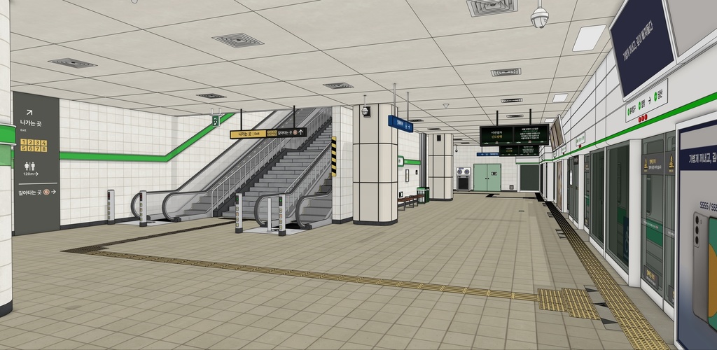 韓国 地下鉄2号線 ホーム&列車セット|漫画背景・3D素材(SketchUp)