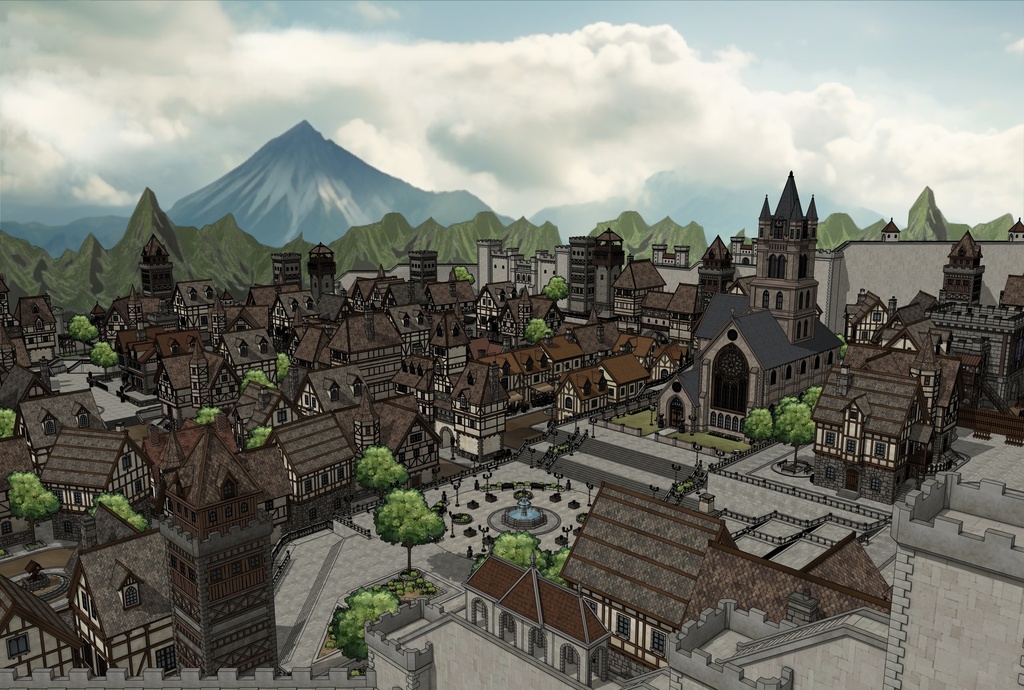 堅固な城壁の北部の村 外部(夏 / 冬)|3D背景素材(SketchUp)